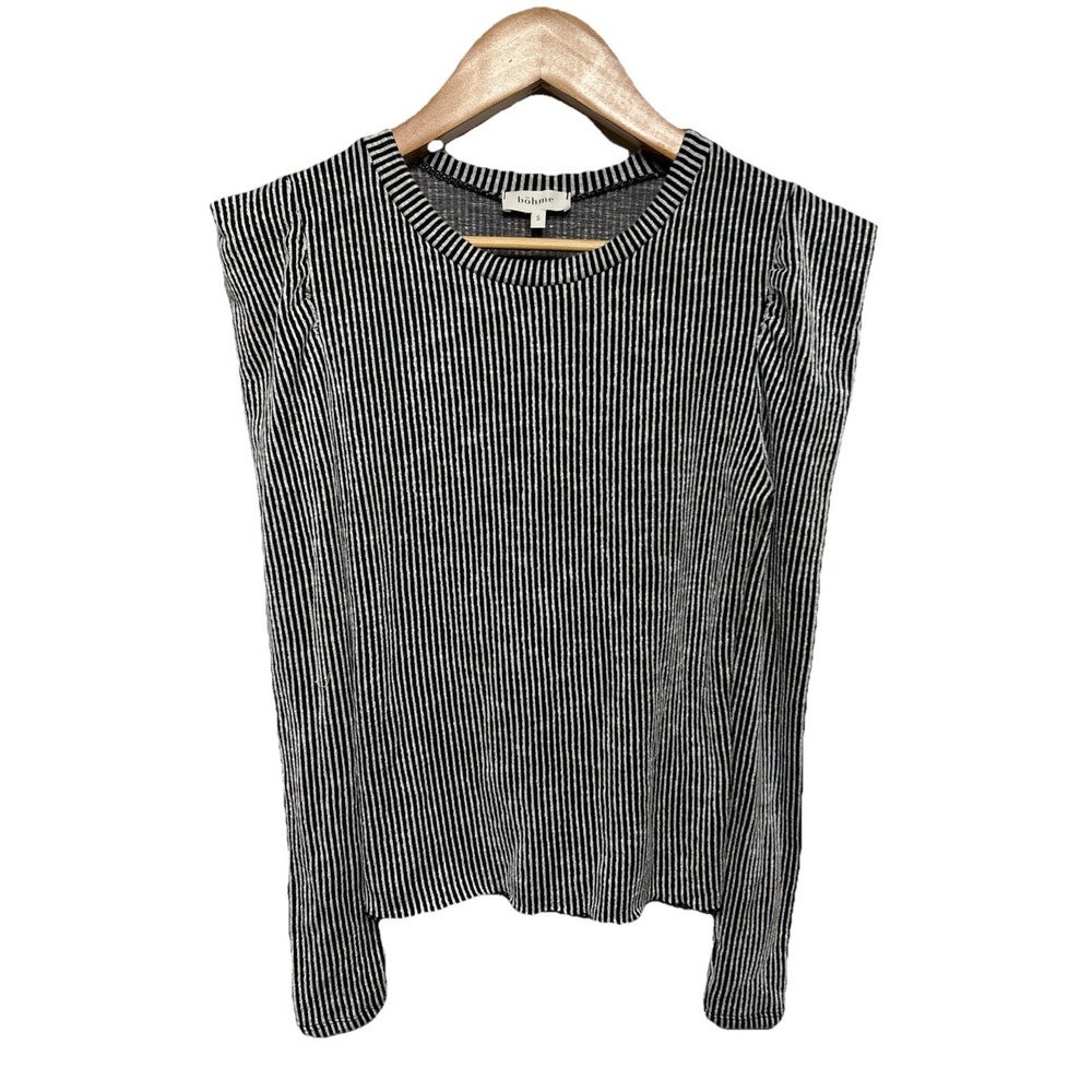 Bohme Pagoda Shoulder Ribbed Stretch Blouse Black Shimmery Ivory Women's‎ Size S